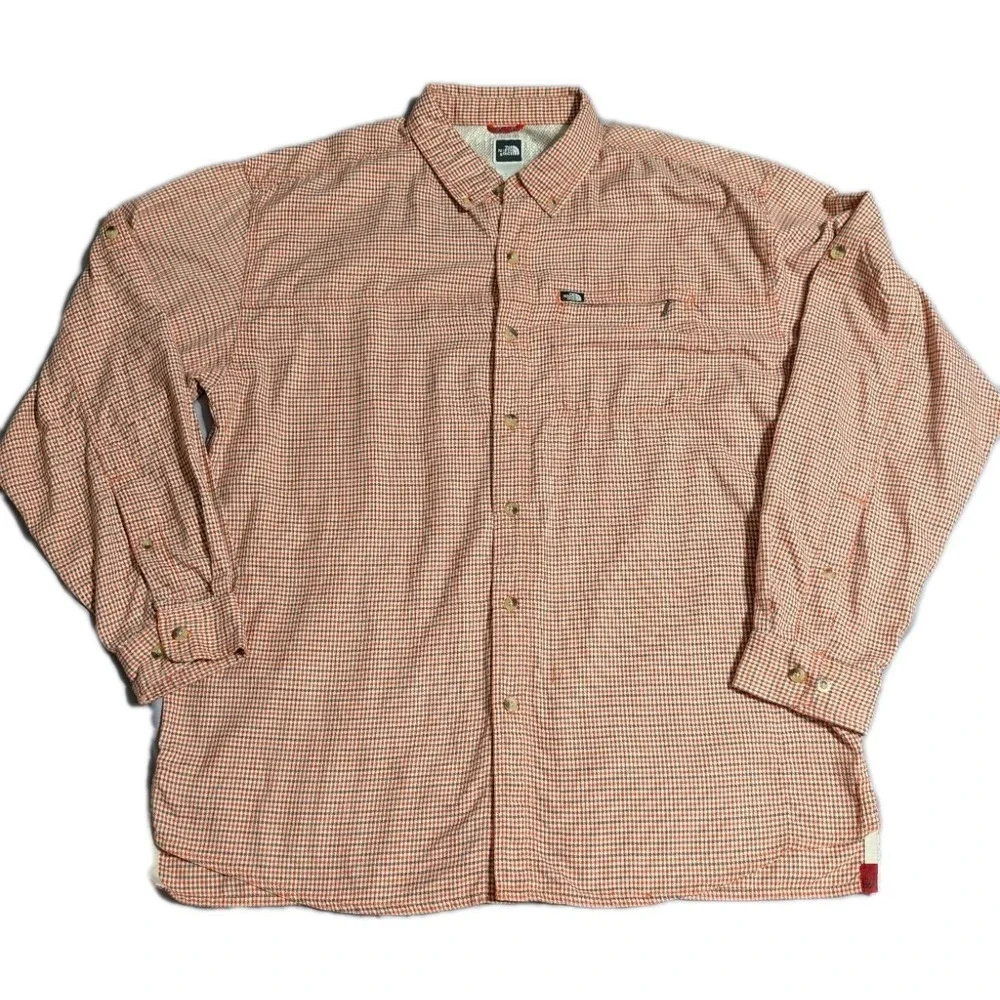 The North Face Button Down‎ Fishing Shirt Mens L Orange Check Roll Tab Sleeve
